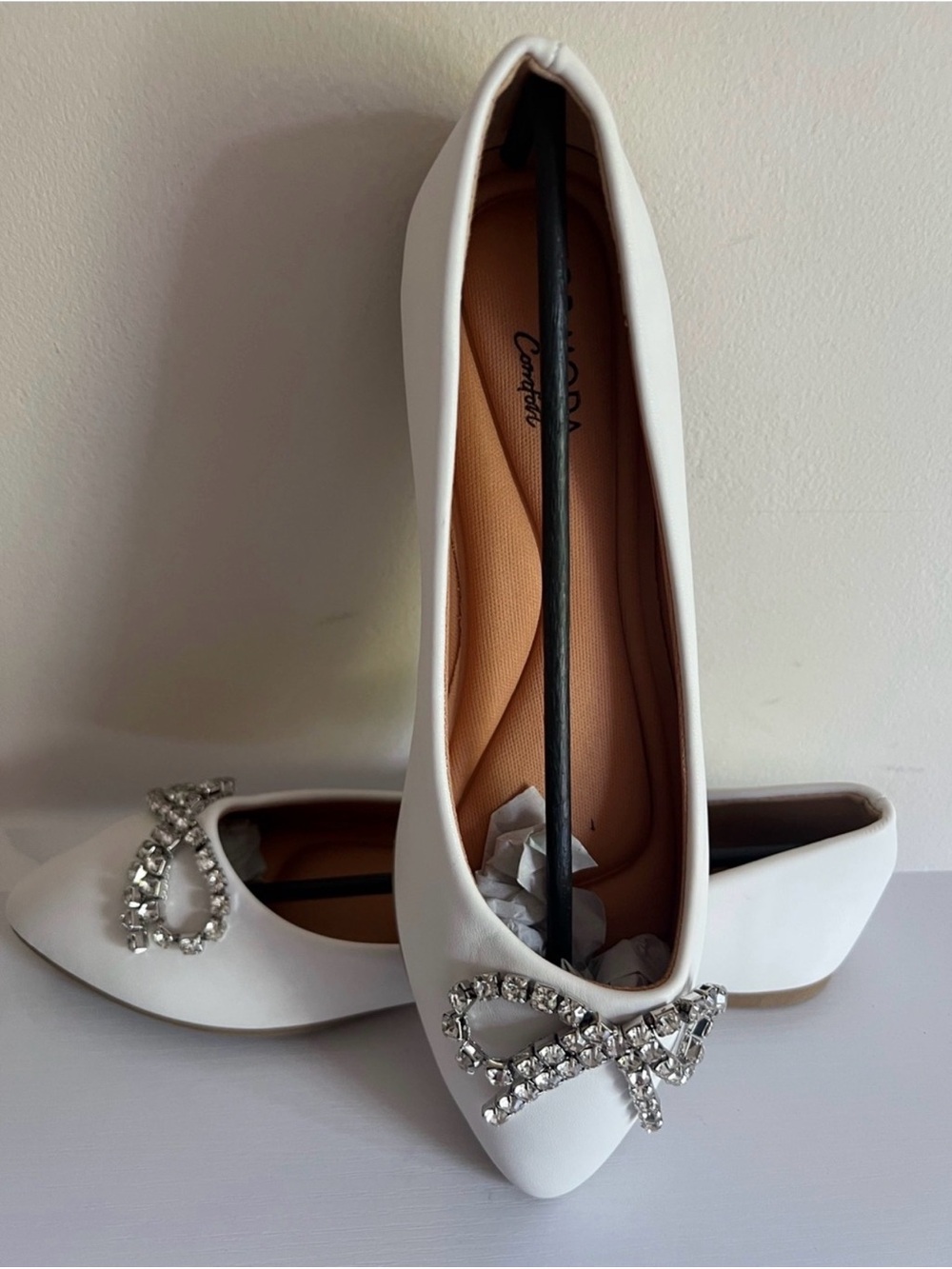 Ballet Flats White Pointed Toe Flats with Crystal Bow Accent #bridal